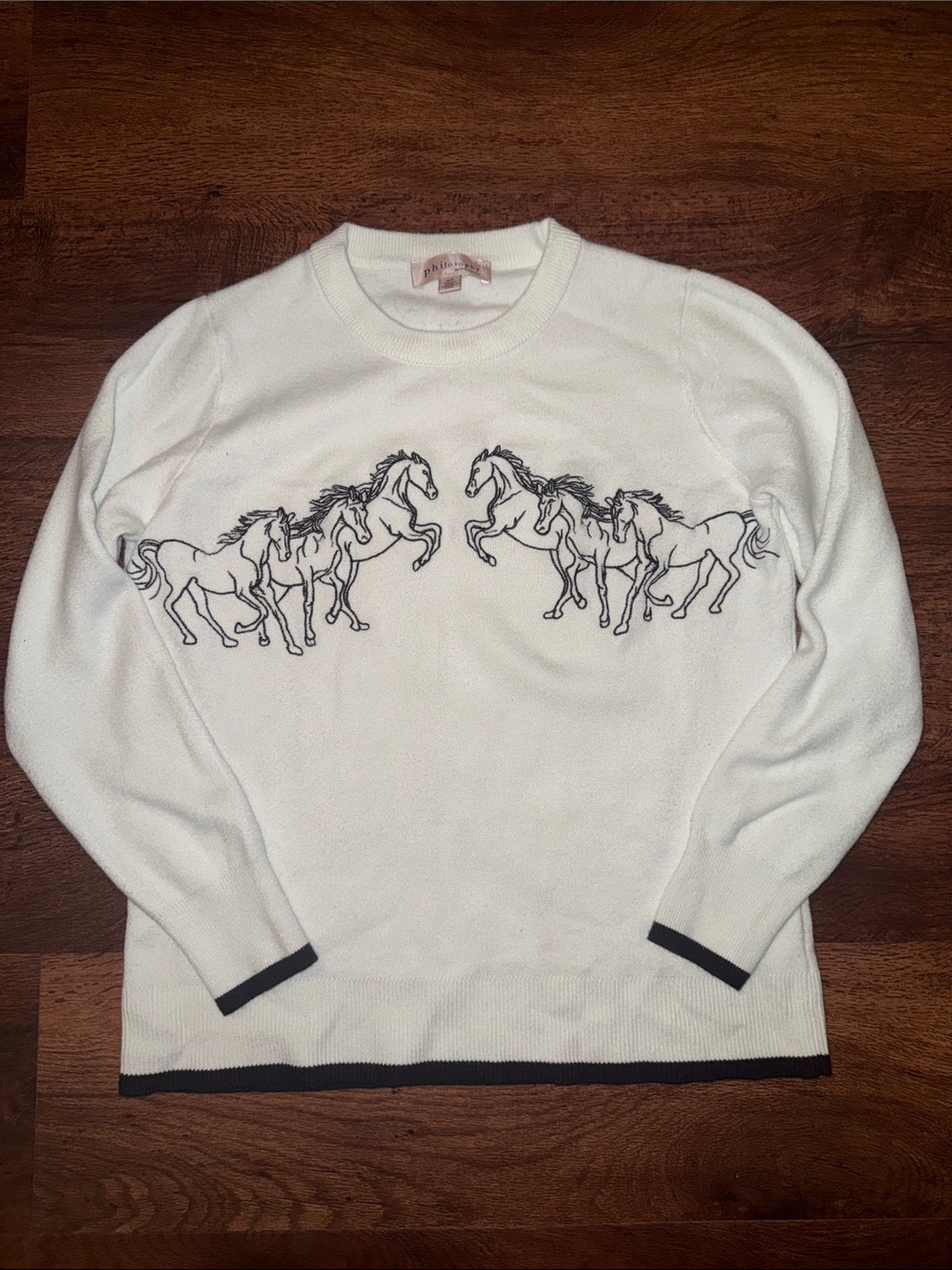 White Crewneck Sweater with Horse Embroidery
